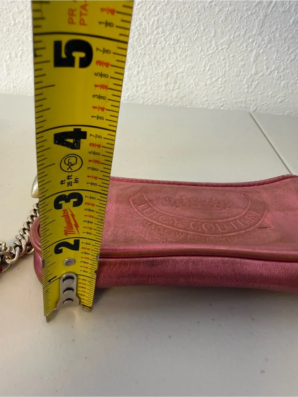 Juicy Couture Y2K Pink Metallic Leather Wristlet Clutch Heart Mirror Charm